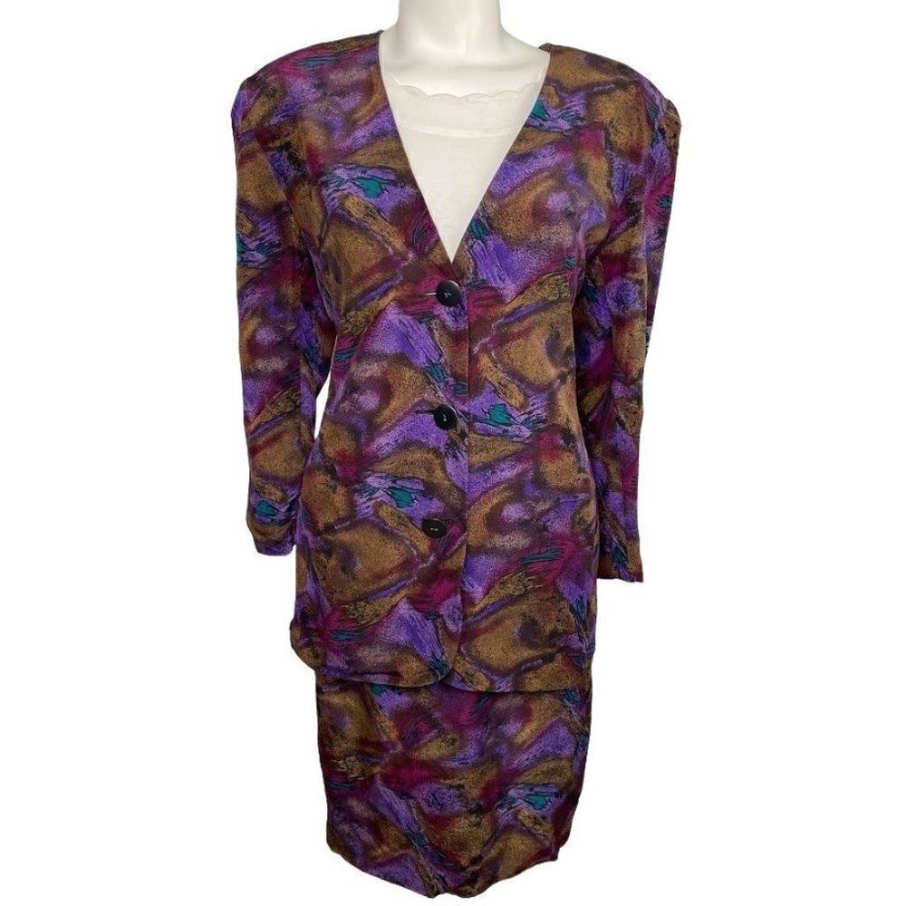 Vintage Michelle Stuart Colorful Silk Skirt Blazer Suit‎ 80's 90's Sz 8